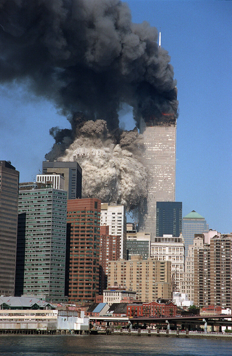 The south tower collapses as smoke billows from both towers of the World Trade Center, in New York, after the terrorist attacks on September 11, 2021. The south tower collapses as smoke billows from both towers of the World Trade Center, in New York, after the terrorist attacks on September 11, 2021.