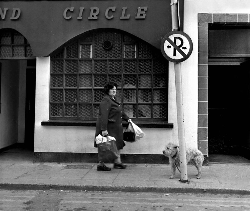 A dog waiting for his master outside the Grand Circle Bar in Drawbridge Street, Cork city, in May, 1977. It was demolished in 2007. 