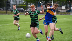 <p>Douglas’ Diarmuid O’Donoghue and Carrigaline’s Ben Corkery-Delaney clash to gain possession. Picture: Noel Sweeney</p> <p>Douglas’ Diarmuid O’Donoghue and Carrigaline’s Ben Corkery-Delaney clash to gain possession. Picture: Noel Sweeney</p>