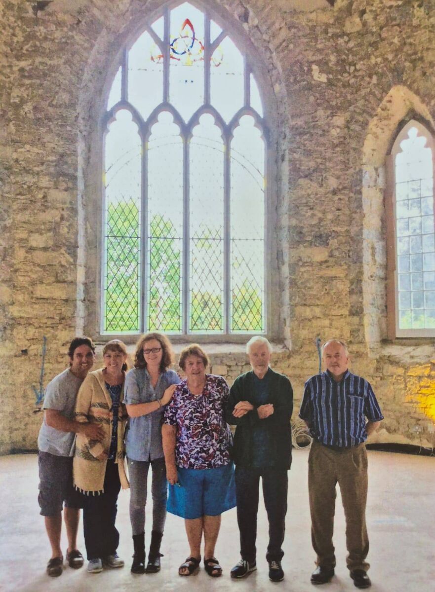 Mossy Anglund (right) in An Chultúrlann Newmarket beside benefactor John Paul McAuliffe and his wife Barbara, with their daughter Julie and her husband Chris, and former committee member Eilish Horgan.
