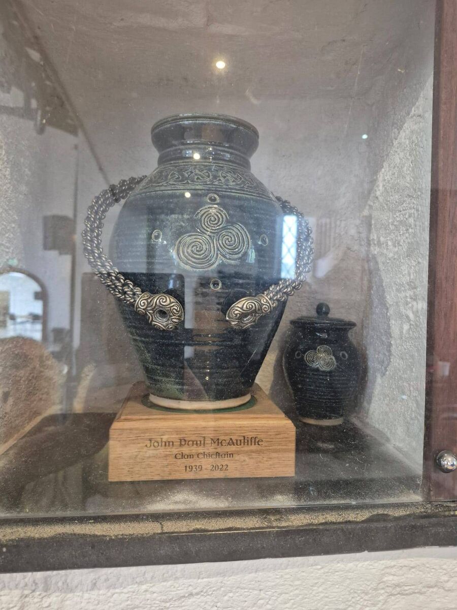 The urn carrying the ashes of benefactor John Paul McAuliffe in An Chultúrlann Newmarket