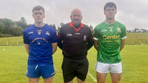 <p>St Finbarr’s captain Adam Lyne, referee Jerry Kelleher, Gabriel Rangers captain Killian O’Brien prior to their McCarthy Insurance Group Cork IAFC Group 2 game in Ballinacarriga. Picture: Ger McCarthy.</p>