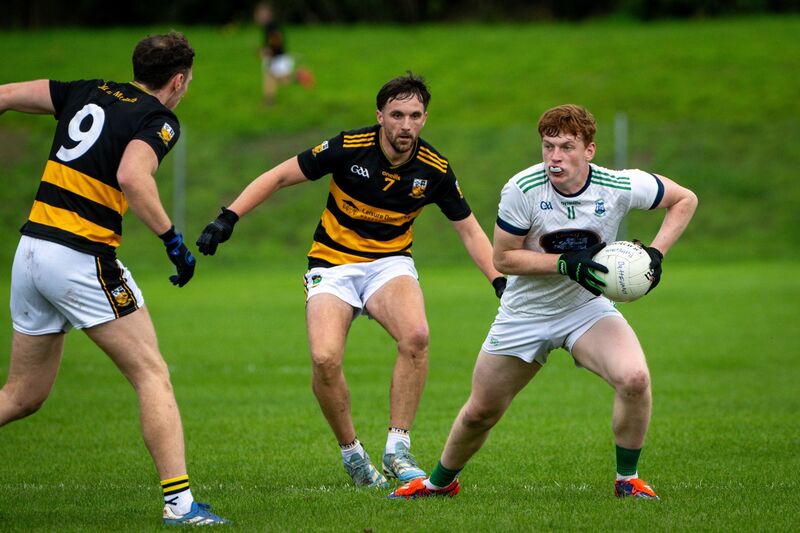 Buttevant’s Kevin Lenehan stands his ground against Ilen Rovers' Peadar O’Driscoll. Picture Chani Anderson Buttevant’s Kevin Lenehan stands his ground against Ilen Rovers' Peadar O’Driscoll. Picture Chani Anderson