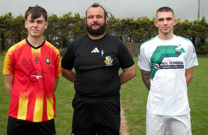 Waterloo captain Jack Homan (right), with Mogeely A's James McConnell, accompanied by referee Conchur O'Conghaile. Picture: Barry Peelo. Waterloo captain Jack Homan (right), with Mogeely A's James McConnell, accompanied by referee Conchur O'Conghaile. Picture: Barry Peelo.