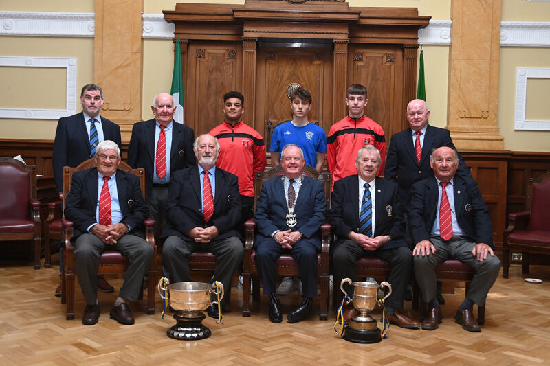 Cllr Terry Shannon, Deputising for the Lord Mayor with (front row from left) Christy Byrne, Sean O'Sullivan, Chairperson, Denis Carroll, President, Douglas Hall, Richie Browne, of Cork Youth Leagues with (rear l to r) Jim Murphy, Douglas Hall; Peadar O'Leary, Cork Youth Leagues, Douglas Hall players Jonah Obode, Lee Morley and Daniel Moynihan with Denis Crowley, Cork Youth Leagues at the reception for Cork Youth Leagues Interleague team, Douglas Hall youth team, and College Corinthians U17 team, all winners of National trophies. Cllr Terry Shannon, Deputising for the Lord Mayor with (front row from left) Christy Byrne, Sean O'Sullivan, Chairperson, Denis Carroll, President, Douglas Hall, Richie Browne, of Cork Youth Leagues with (rear l to r) Jim Murphy, Douglas Hall; Peadar O'Leary, Cork Youth Leagues, Douglas Hall players Jonah Obode, Lee Morley and Daniel Moynihan with Denis Crowley, Cork Youth Leagues at the reception for Cork Youth Leagues Interleague team, Douglas Hall youth team, and College Corinthians U17 team, all winners of National trophies.