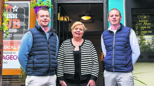 <p class="contextmenu internal_Caption">Dan Boland, mum Cecelia, and brother Gavin outside The Ensign in Monsktown. 	<span class="contextmenu emphasis CaptionCredit">Picture: Noel Sweeney</span>
            </p>