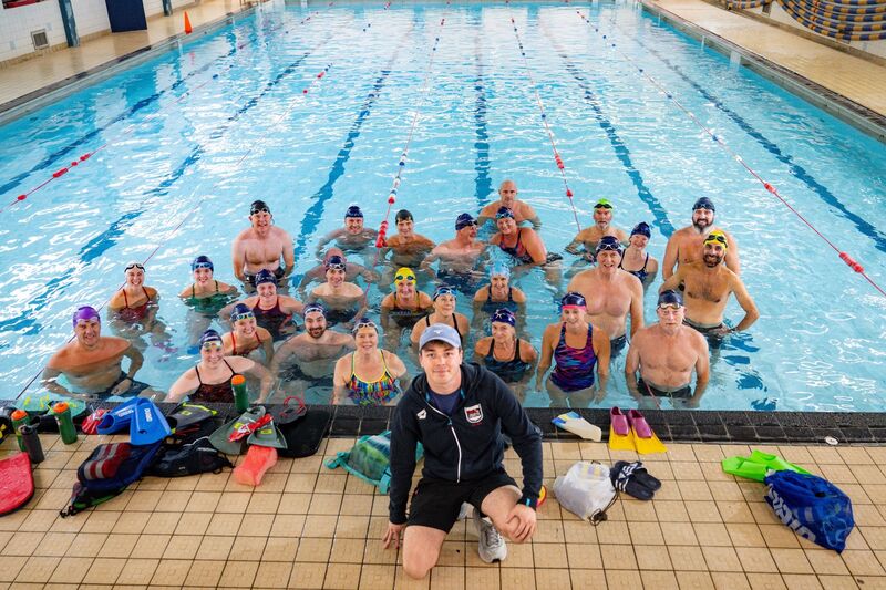 Members of Cork Masters Swimming Club celebrate the achievements of Jane Jolly during a training session at Gus Healy Swimming Pool in Douglas. Jolly, the reigning World Masters Open Water Champion, recently returned from the European Aquatics Masters Championships in Šamorín, Slovakia, with a bronze medal in her Masters age category. Picture: Chani Anderson Members of Cork Masters Swimming Club celebrate the achievements of Jane Jolly during a training session at Gus Healy Swimming Pool in Douglas. Jolly, the reigning World Masters Open Water Champion, recently returned from the European Aquatics Masters Championships in Šamorín, Slovakia, with a bronze medal in her Masters age category. Picture: Chani Anderson