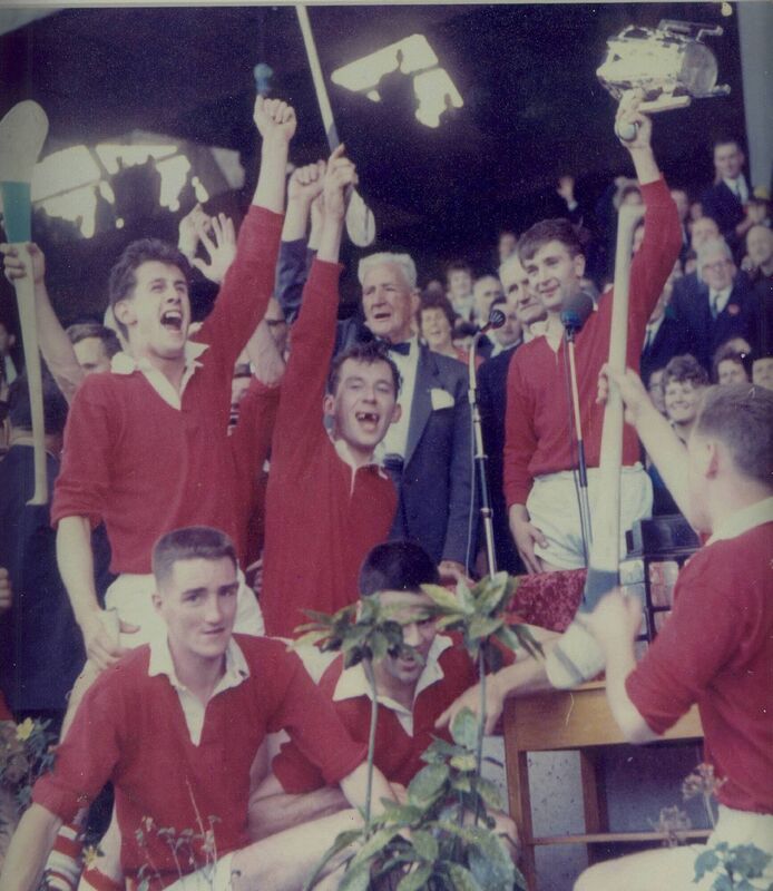 Jim 'Tough' Barry on the victory podium in the Hogan Stand, for the last time, celebrates with Cork players Tony Connolly, Justin McCarthy, Seanie Barry, Jerry O'Sullivan and captain Gerald McCarthy after their surprise victory over Kilkenny in the 1966 All-Ireland Hurling final. Ref Exam Photo