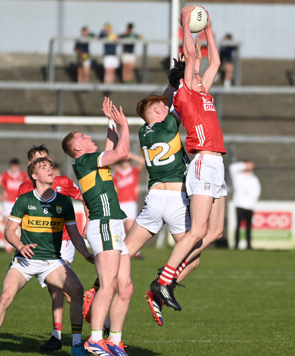 Cork's Samuel Kelleher-Leavy wins the ball from Kerry's Kevin Griffin during the Electric Ireland Munster MFC quarter-final in 2025. Kelleher-Leavy is a key player for the Macroom minors. Picture: Eddie O'Hare Cork's Samuel Kelleher-Leavy wins the ball from Kerry's Kevin Griffin during the Electric Ireland Munster MFC quarter-final in 2025. Kelleher-Leavy is a key player for the Macroom minors. Picture: Eddie O'Hare