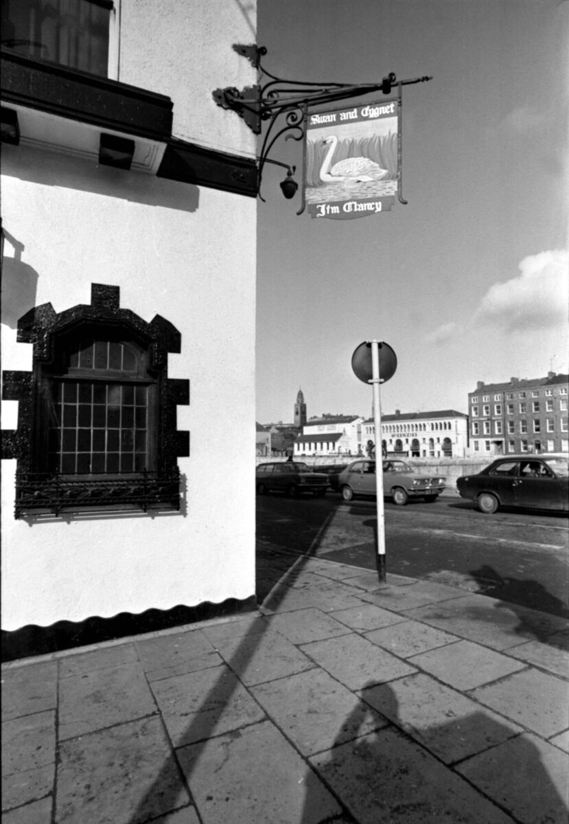 A sign for The Swan And Cygnet bar in Patrick Street, Cork, in March, 1975, including the name of the landlord Jim Clancy A sign for The Swan And Cygnet bar in Patrick Street, Cork, in March, 1975, including the name of the landlord Jim Clancy
