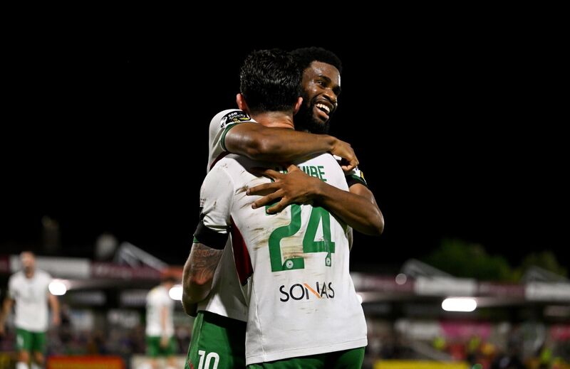 Seani Maguire of Cork City celebrates with team-mate Hans Mpongo after scoring against Wexford last month. Picture: Stephen McCarthy/Sportsfile Seani Maguire of Cork City celebrates with team-mate Hans Mpongo after scoring against Wexford last month. Picture: Stephen McCarthy/Sportsfile