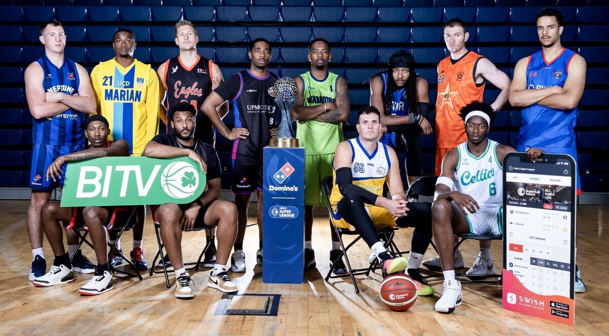 Players from the teams competing in the Domino’s Men’s Super League from (L-R) Neptune’s Sean McCarthy, Ballincollig BC’s Jay Buckley, UCD Marian’s Linton Brown, Killester’s Josh Wilson, Toby Christensen of Limerick Eagles, Eanna’s Morgan Taylor, Tralee Warriors Alec Millender, St Vincents Scottie Stone, Belfast Star Jordan Green, Sligo All Stars Liam Murphy, Limerick Celtics Peter Turay and UCC Demons Davy Rocha Players from the teams competing in the Domino’s Men’s Super League from (L-R) Neptune’s Sean McCarthy, Ballincollig BC’s Jay Buckley, UCD Marian’s Linton Brown, Killester’s Josh Wilson, Toby Christensen of Limerick Eagles, Eanna’s Morgan Taylor, Tralee Warriors Alec Millender, St Vincents Scottie Stone, Belfast Star Jordan Green, Sligo All Stars Liam Murphy, Limerick Celtics Peter Turay and UCC Demons Davy Rocha