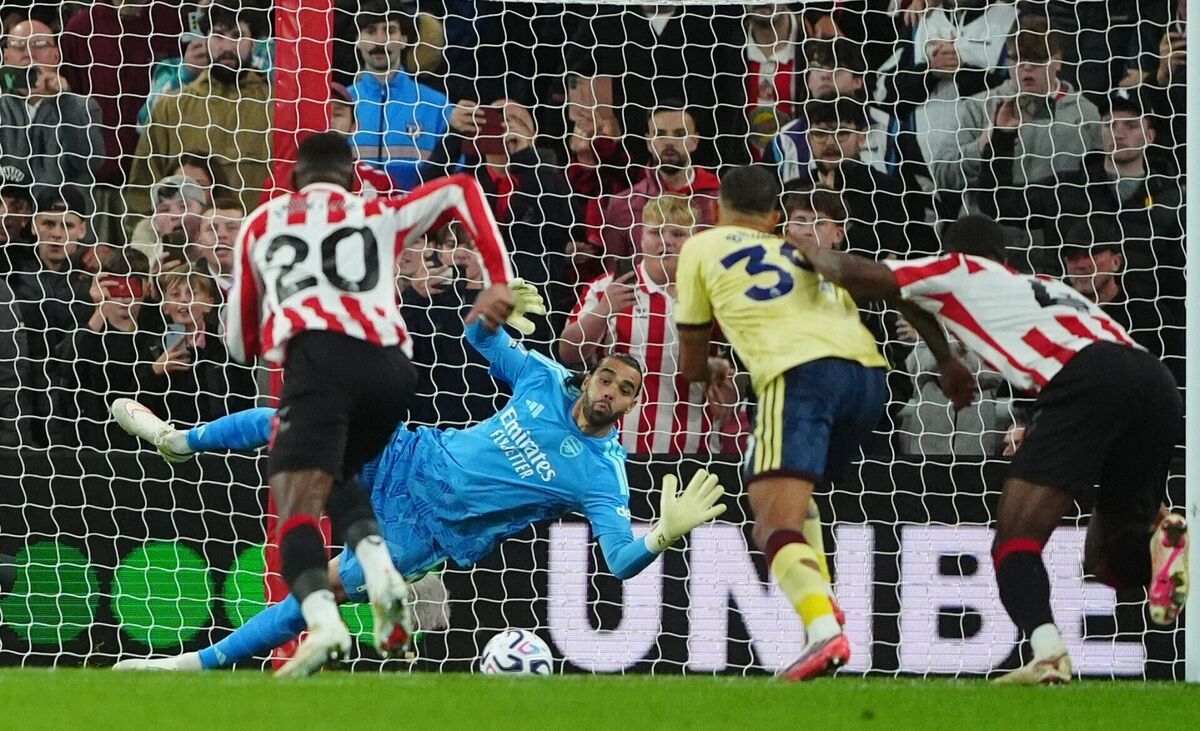 Arsenal goalkeeper David Raya saves the  penalty during from the controversial Konsa  foul, in the Premier League match at the Stadium of Light, Sunderland.Picture: Owen Humphreys/PA Wire