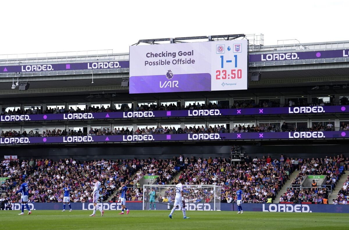 A VAR check for a possible offside goes in favour of Ipswich Town's Emersonn during the Premier League match at Selhurst Park, London. Picture: Jordan Pettitt/PA Wire