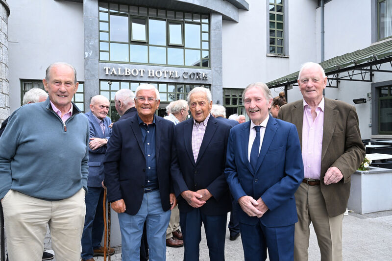 Justin McCarthy, Passage GAA with 'Barr's men Charlie McCarthy, Peter Doolin and Gerald McCarthy of St Finbarr's, and John O'Halloran, Blackrock &amp; UCC Hurling Club at the Talbot Hotel, Ballincollig for a re-union lunch of the 1966 All-Ireland winning senior hurling team from Cork. Picture; Larry Cummins