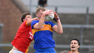 <p> MY BALL: Carrigaline's Patrick Mellett gets ahead of Mallow's Darragh Moynihan during the McCarthy Insurance Group Cork PSFC at Páirc Uí Rinn. Picture: Eddie O'Hare</p>