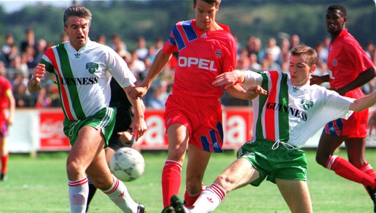 Bayern Munich's Christian Zeige taking on Cork City's Mick Conroy and Anthony Kenneally. Bayern Munich's Christian Zeige taking on Cork City's Mick Conroy and Anthony Kenneally.