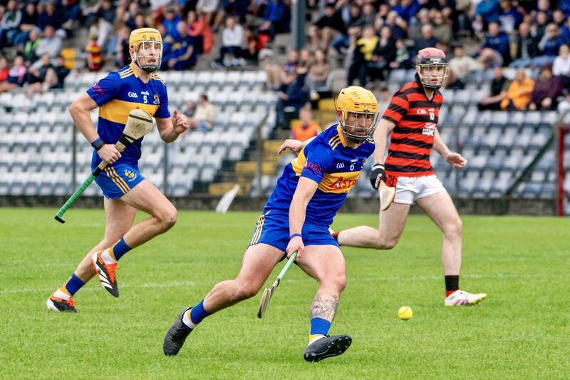 Carrigaline’s Nathan Coleman drives forward. Picture: Chani Anderson