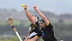 <p>Ballyhea's Tom Hanley goes high with Fermoy's Brian O'Sullivan during the Co-Op Superstores Senior A HC relegation decider at Kildorrery. Picture: Eddie O'Hare</p>
