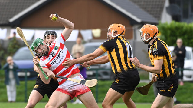 <p>Ballygiblin's Mark Keane breaks from Russell Rovers' Brian Hartnett, Kieran Walsh and Luke Duggan-Murray during the Co-Op Superstores IAHC relegation clash at Rathcormac. Picture: Eddie O'Hare</p> <p>Ballygiblin's Mark Keane breaks from Russell Rovers' Brian Hartnett, Kieran Walsh and Luke Duggan-Murray during the Co-Op Superstores IAHC relegation clash at Rathcormac. Picture: Eddie O'Hare</p>