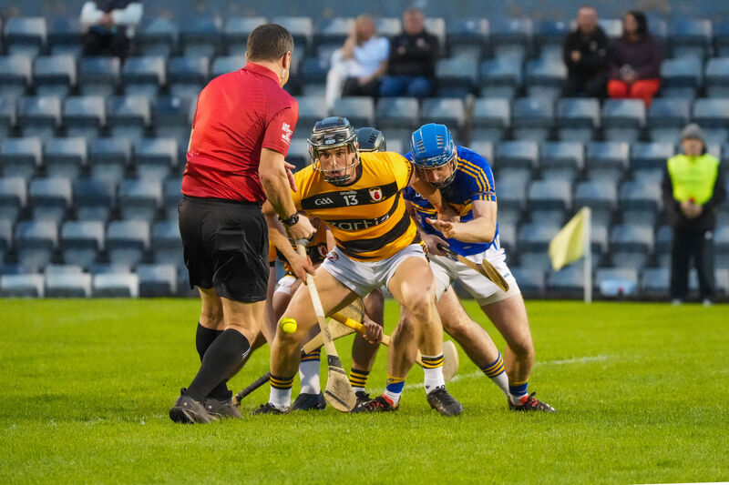Daire Connery for Na Piarsaigh and Jay Horgan of Carrigtwohill clash for the first possession last Friday night. Picture: Noel Sweeney Daire Connery for Na Piarsaigh and Jay Horgan of Carrigtwohill clash for the first possession last Friday night. Picture: Noel Sweeney