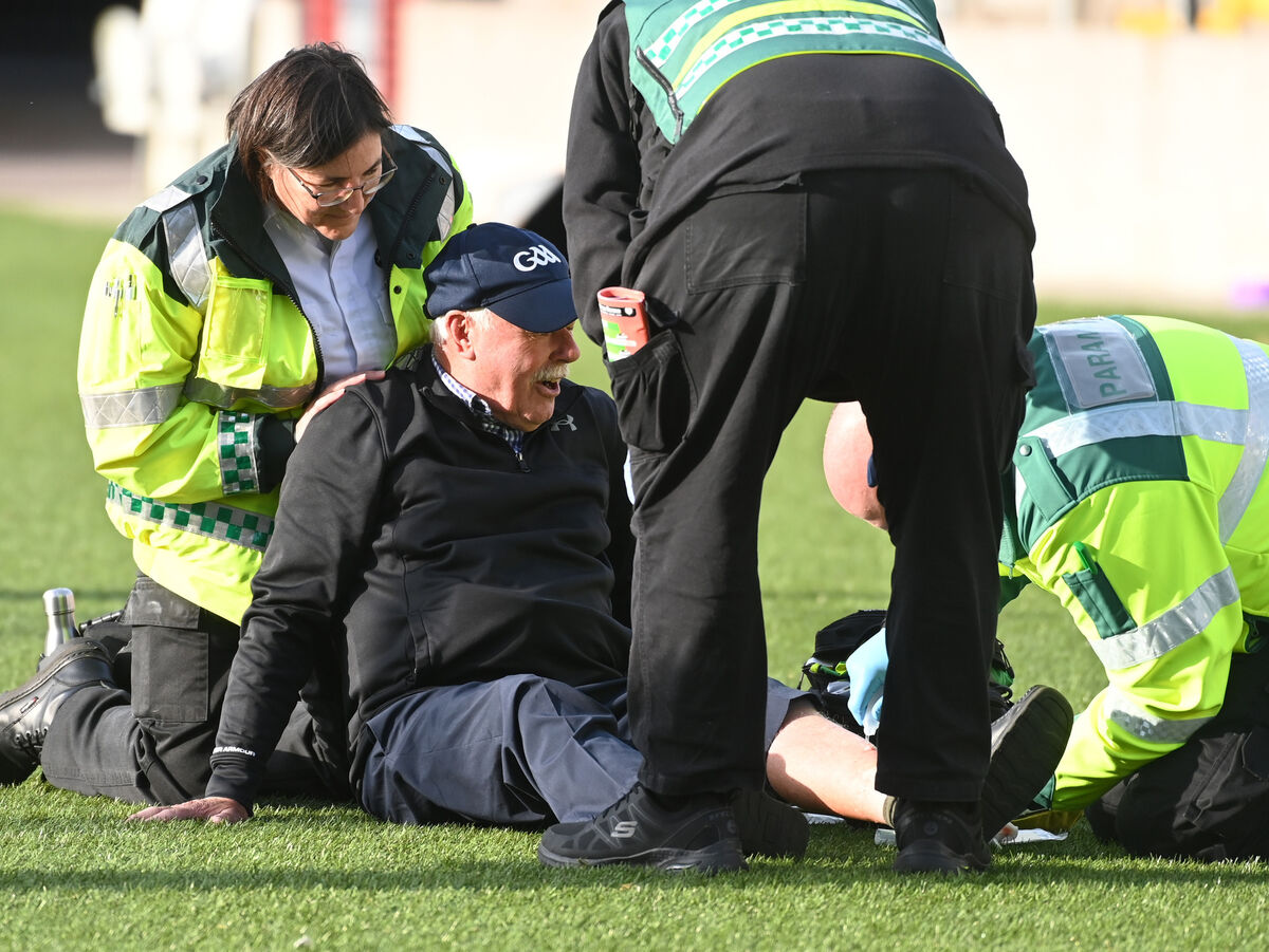 Umpire John Barry who got injured after the goals netting came back on top of him is tended to by St John Amabulance and club officials during the St Finbarr's against Midleton in the Co-Op Superstores Cork Premier SHC semi final at Pairc Ui Chaoimh. Picture; Eddie O'Hare