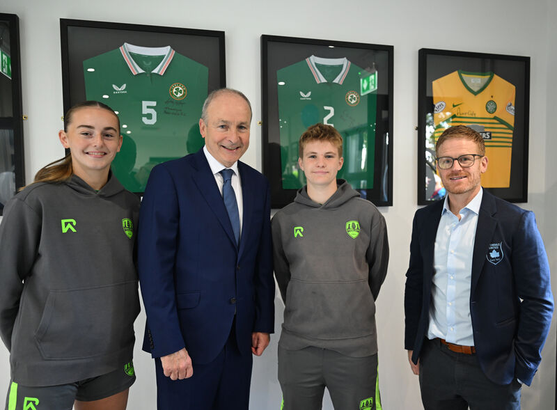 Taoiseach Micheál Martin, T.D performed the cutting of the ribbon to officially open the schoolgirls and schooboys dressing rooms of Avondale United at Beaumont Park, Cork. Republic of Ireland international players Holly O'Hagan and Leah Callender-O'Leary with Taoiseach Micheál Martin and Joe Plunkett, Club Chairperson at the ceremony. NO REPRO FEE Taoiseach Micheál Martin, T.D performed the cutting of the ribbon to officially open the schoolgirls and schooboys dressing rooms of Avondale United at Beaumont Park, Cork. Republic of Ireland international players Holly O'Hagan and Leah Callender-O'Leary with Taoiseach Micheál Martin and Joe Plunkett, Club Chairperson at the ceremony. NO REPRO FEE
