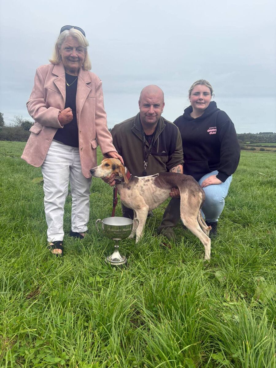Cork Draghunting: Eleanor Wade, Damien Wade and Jodie Buckley of Clogheen Harriers with Slievemish Duchess, winner of the Shanakiel Harriers Senior Draghunt at Newcestown. Cork Draghunting: Eleanor Wade, Damien Wade and Jodie Buckley of Clogheen Harriers with Slievemish Duchess, winner of the Shanakiel Harriers Senior Draghunt at Newcestown.