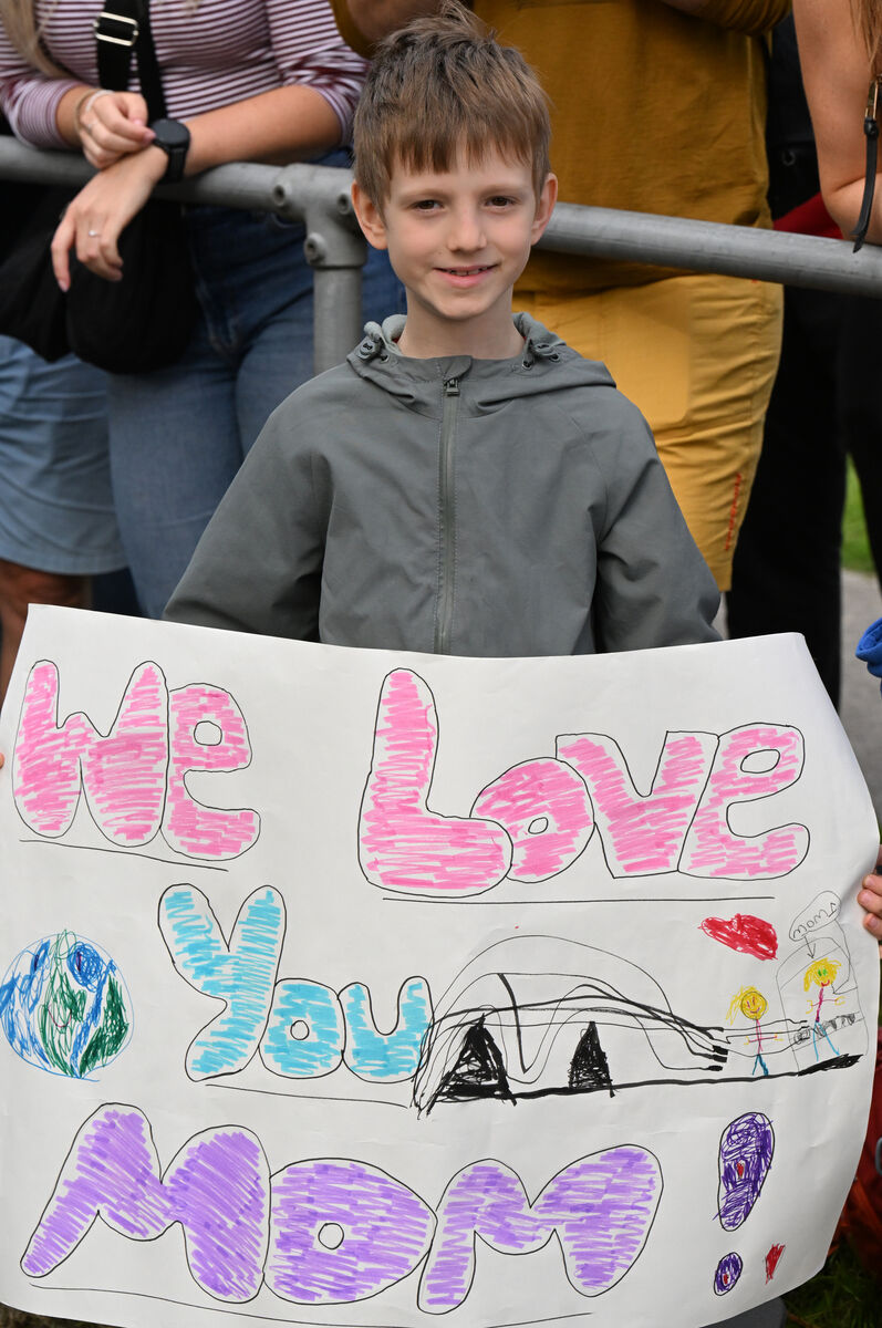 Johnny Cramer with a message of love for his mum Maria at the finish line at Kennedy Park after The Echo Women's Mini-Marathon 2026. Picture: Larry Cummins Johnny Cramer with a message of love for his mum Maria at the finish line at Kennedy Park after The Echo Women's Mini-Marathon 2026. Picture: Larry Cummins