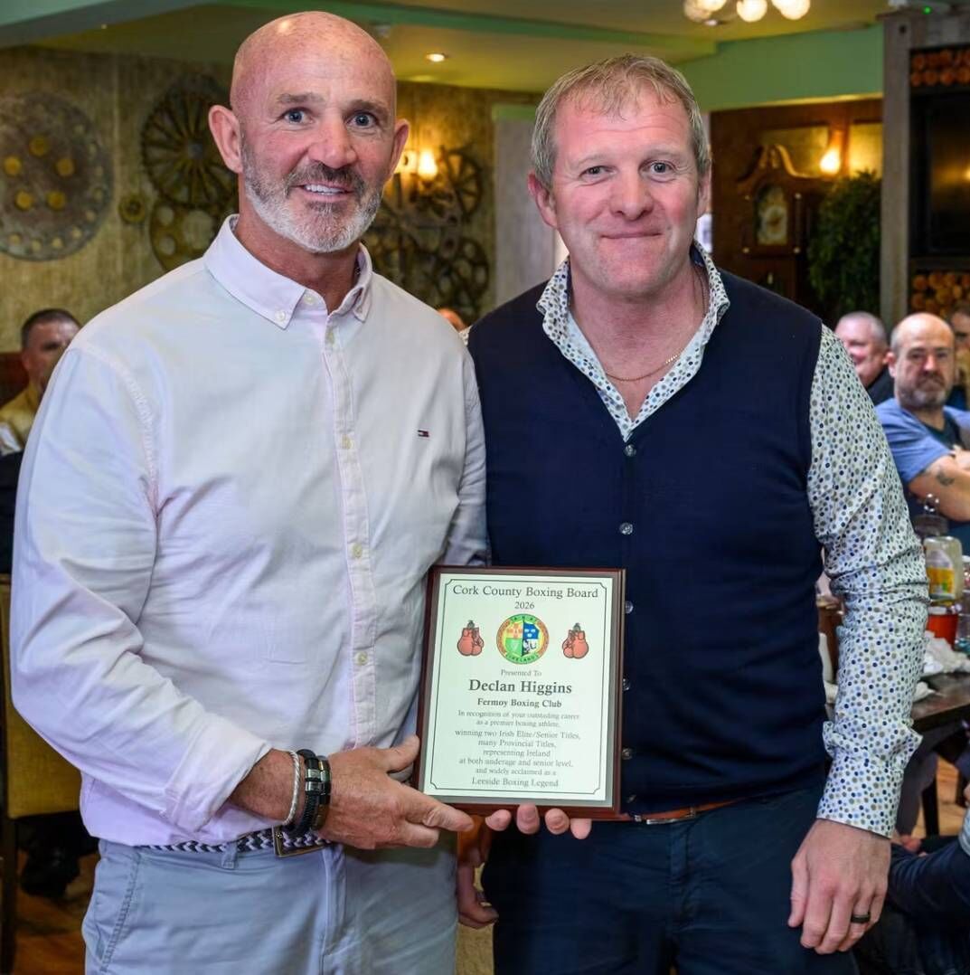 Multiple Irish Boxing champion Declan Higgins is presented with his Recognition Plaque by Tom Murray Multiple Irish Boxing champion Declan Higgins is presented with his Recognition Plaque by Tom Murray