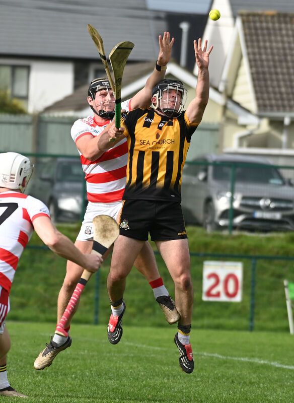 Russell Rovers' Pierce Cummins and Ballygiblin's Aaron O'Brien go high for the sliotar. Picture: Eddie O'Hare Russell Rovers' Pierce Cummins and Ballygiblin's Aaron O'Brien go high for the sliotar. Picture: Eddie O'Hare