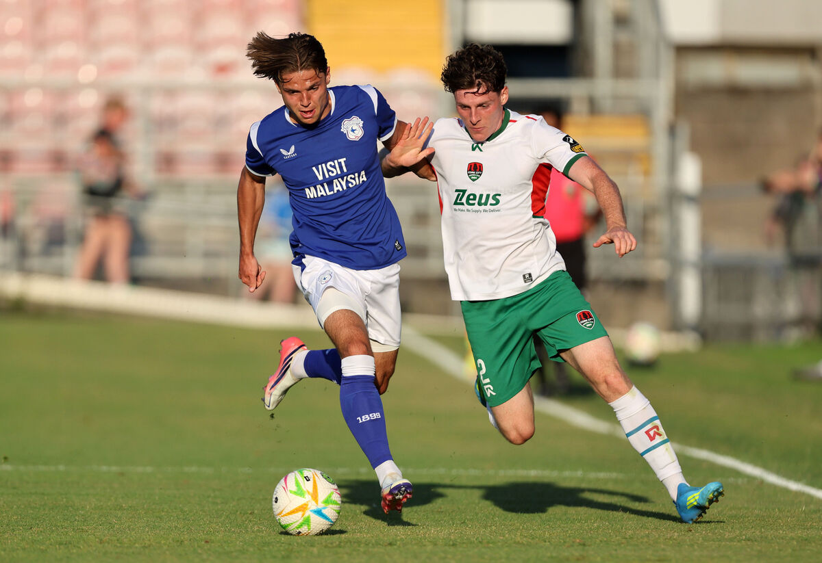 Harry Nevin, Cork City, battles with Cian Ashford, Cardiff City during their friendly at Turner's Cross. Harry Nevin, Cork City, battles with Cian Ashford, Cardiff City during their friendly at Turner's Cross.