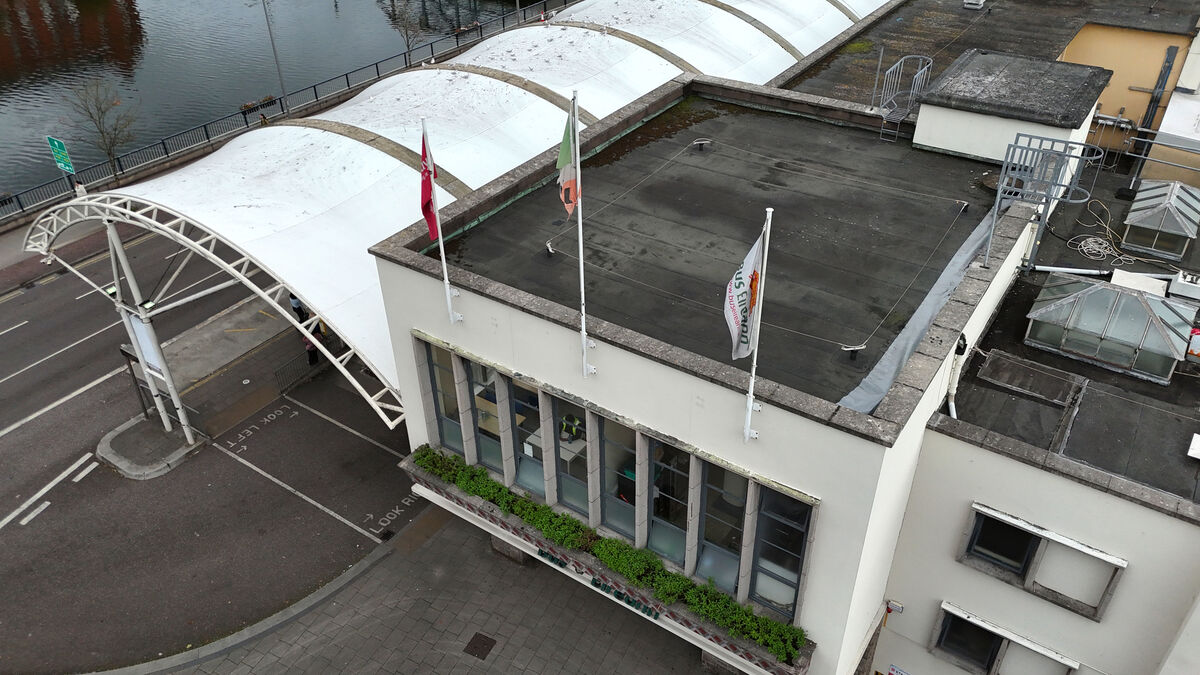 A frayed and discoloured national tricolour flag is currently flying at the Bus Station at Parnell Place, Cork City. Picture: Larry Cummins A frayed and discoloured national tricolour flag is currently flying at the Bus Station at Parnell Place, Cork City. Picture: Larry Cummins