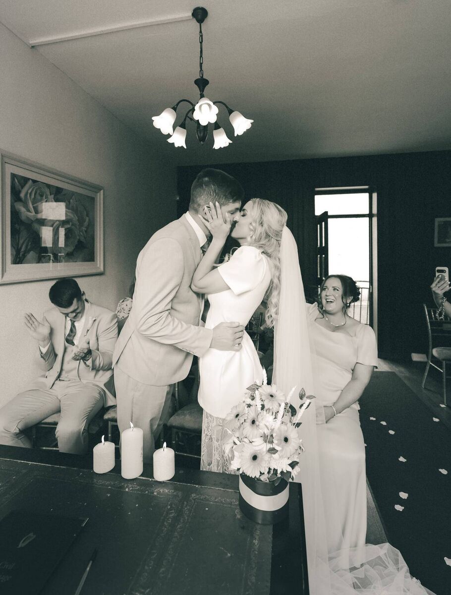 The bride sourced her gown from Zara and paired it with a mesh skirt from Asos, while Aurin's suit was from Simply Suits. The bride sourced her gown from Zara and paired it with a mesh skirt from Asos, while Aurin's suit was from Simply Suits.