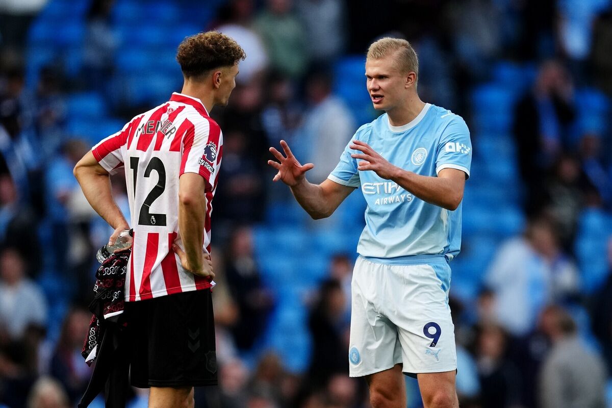 Manchester City's Erling Haaland and Sunderland's Thomas Meunier (left) after the Premier League match at the Etihad Stadium, Manchester. Picture: Martin Rickett/PA Wire Manchester City's Erling Haaland and Sunderland's Thomas Meunier (left) after the Premier League match at the Etihad Stadium, Manchester. Picture: Martin Rickett/PA Wire