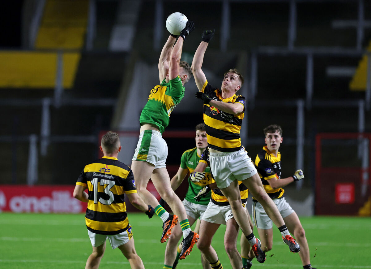 Odhran O'Driscoll of Canovee battles for aerial possession against Kilmurray's Liam Wall in the 2024 McCarthy Insurance Group Premier - Kilmurry claimed the title after losing the previous year's final. Picture: Jim Coughlan Odhran O'Driscoll of Canovee battles for aerial possession against Kilmurray's Liam Wall in the 2024 McCarthy Insurance Group Premier - Kilmurry claimed the title after losing the previous year's final. Picture: Jim Coughlan
