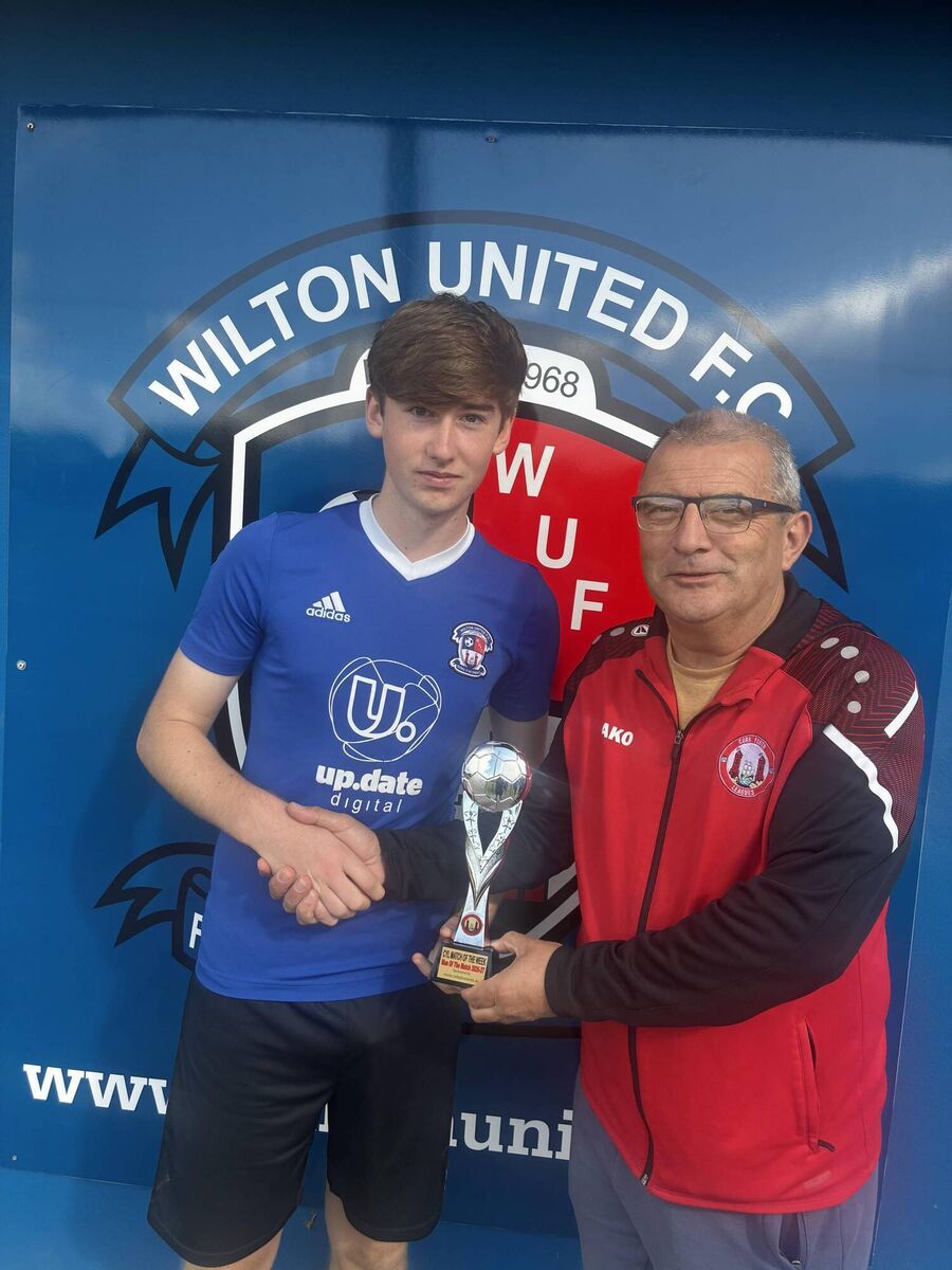 Youth Soccer: Brian Newman from the Cork Youth League presenting the Gary McCarthy Trophies Man of the Match to Wilton United’s Noah O’Callaghan after their FAI U17 Cup game against Ringmahon Rangers. Youth Soccer: Brian Newman from the Cork Youth League presenting the Gary McCarthy Trophies Man of the Match to Wilton United’s Noah O’Callaghan after their FAI U17 Cup game against Ringmahon Rangers.