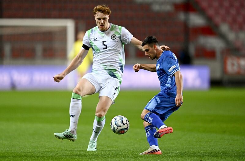 Oscar Gloukh of Israel in action against Jake O'Brien of Republic of Ireland during the UEFA Nations League B match between Israel and the Republic of Ireland at Nagyerdei Stadion in Debrecen, Hungary. Photo by Ben McShane/Sportsfile Oscar Gloukh of Israel in action against Jake O'Brien of Republic of Ireland during the UEFA Nations League B match between Israel and the Republic of Ireland at Nagyerdei Stadion in Debrecen, Hungary. Photo by Ben McShane/Sportsfile