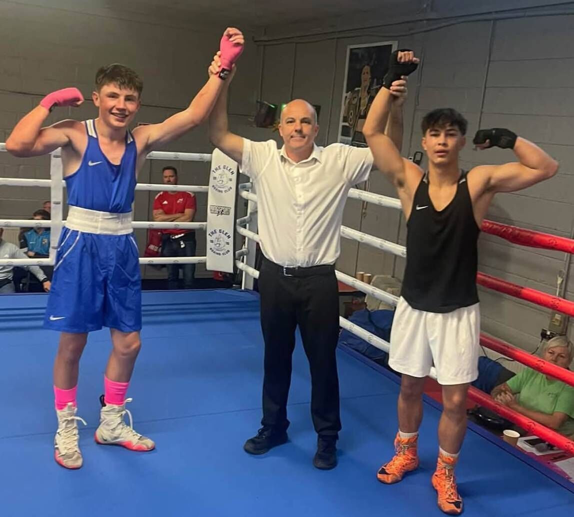 Olan Twohig, Rylane BC, Shane Forde, referee, and Ryan Buttimer, Golden Gloves BC at the Glen Exhibition Show. MOB Olan Twohig, Rylane BC, Shane Forde, referee, and Ryan Buttimer, Golden Gloves BC at the Glen Exhibition Show. MOB
