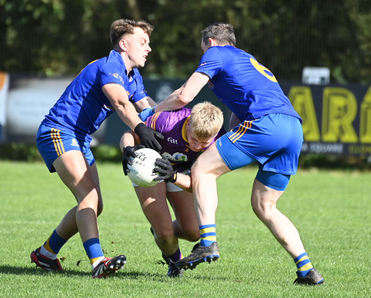Carbery's Dara Sheedy is tackled by St Finbarr's Alan O'Connor and Bill O'Connell. Picture: Eddie O'Hare Carbery's Dara Sheedy is tackled by St Finbarr's Alan O'Connor and Bill O'Connell. Picture: Eddie O'Hare