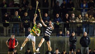 <p>Blackrock’s Shane O’Shaughnessy and Midleton’s Max Murphy contest aerial possession in Monday's Cork ETB Rebel Óg U18 Premier 1 HC final at Páirc Uí Rinn. Picture: Chani Anderson</p>