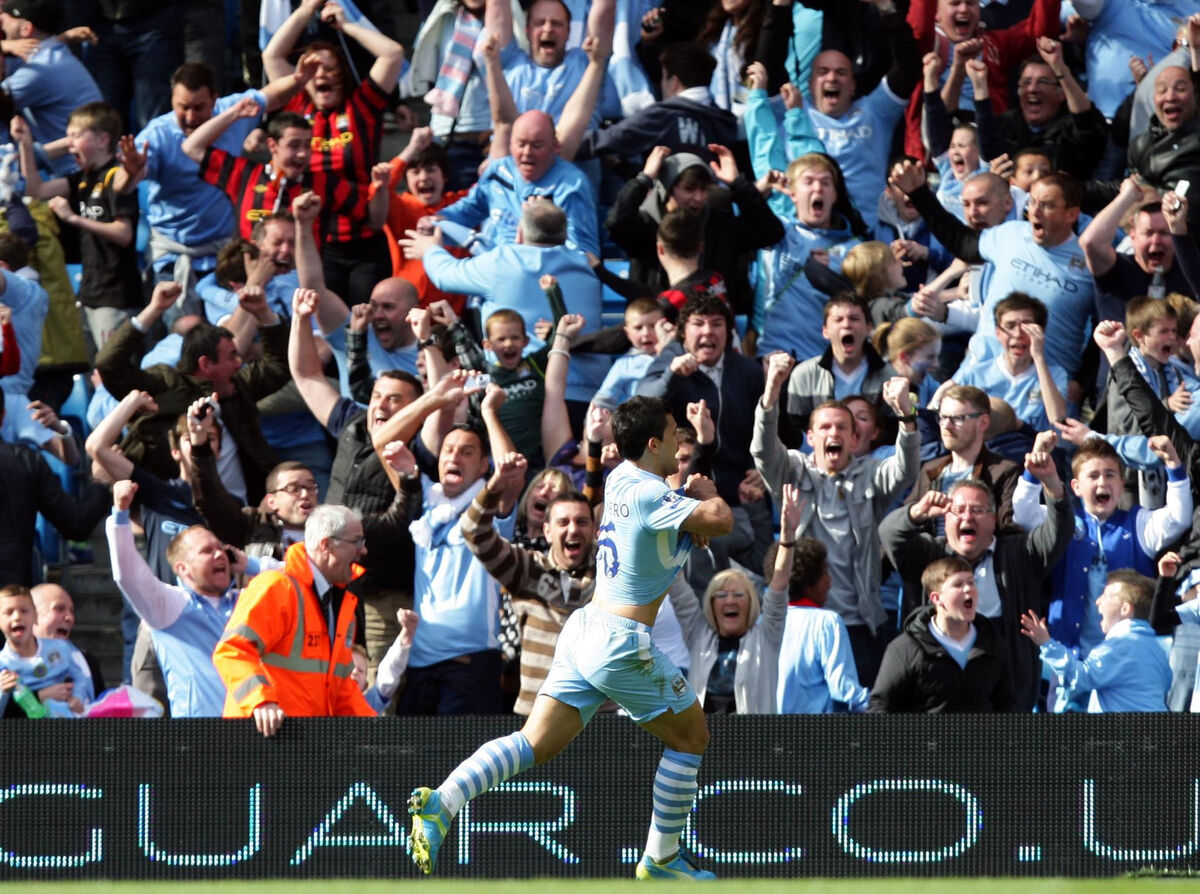 Manchester City's Sergio Aguero celebrates scoring that goal to win the Barclays Premier League match at the Etihad Stadium, Manchester  in 2012.