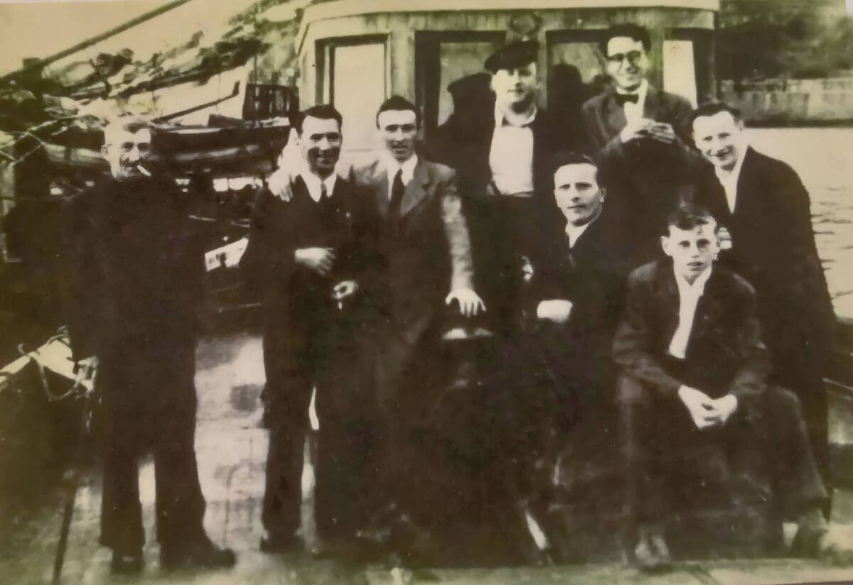 The Billy Anglum dance band, who played the opening night of the Bantry Boys’ Club ballroom on August, 1950, to more than 1,000 dancers - a club built with voluntary labour. The band appear to be taking a trip around the harbour with the skipper (left). From left, Jackie Brennan, sax, Tommy Courtney, violin, John O’Wiley, Hackney car, Donal Hamilton vocals/piano, Billy Anglum, band leader, sax, Jim Anglum, drummer, Micka Brennan, piano accordion