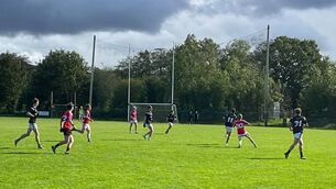 <p>St Francis College Rochestown's Cillian McCarthy goes up for ball under pressure from Intermediate School Killorglin's Odhran Clifford in Wednesday's Munster PPS U17 Frewen Cup clash in Ballyvourney</p>