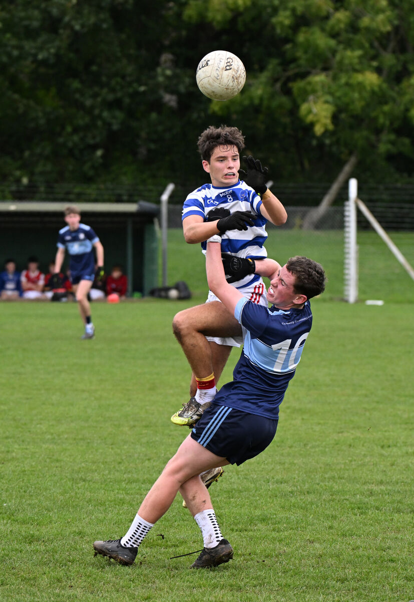 Midfielder Conor Murphy rises highest to win possession for Coláiste Choilm against Michael O'Donovan, Clonakilty CC. Picture: Larry Cummins Midfielder Conor Murphy rises highest to win possession for Coláiste Choilm against Michael O'Donovan, Clonakilty CC. Picture: Larry Cummins