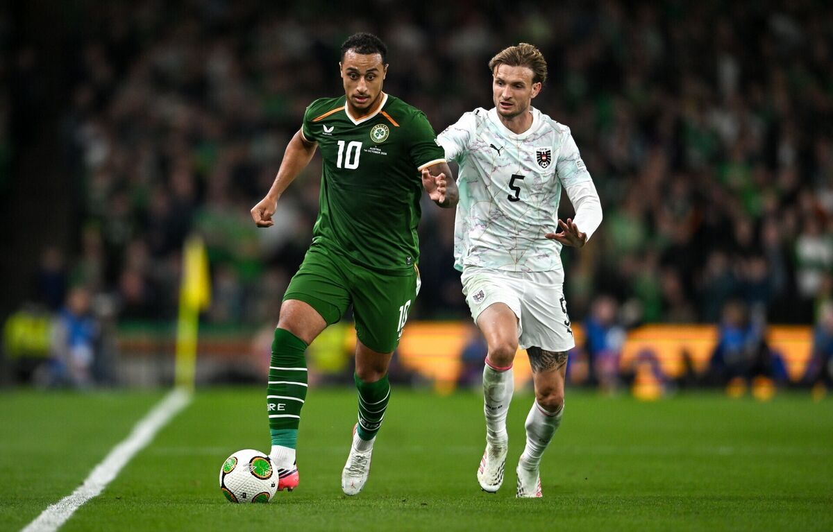 Adam Idah of Republic of Ireland in action against Stefan Posch of Austria during the UEFA Nations League B match between the Republic of Ireland and Austria at the Aviva Stadium in Dublin. Photo by Paul Phelan/Sportsfile Adam Idah of Republic of Ireland in action against Stefan Posch of Austria during the UEFA Nations League B match between the Republic of Ireland and Austria at the Aviva Stadium in Dublin. Photo by Paul Phelan/Sportsfile