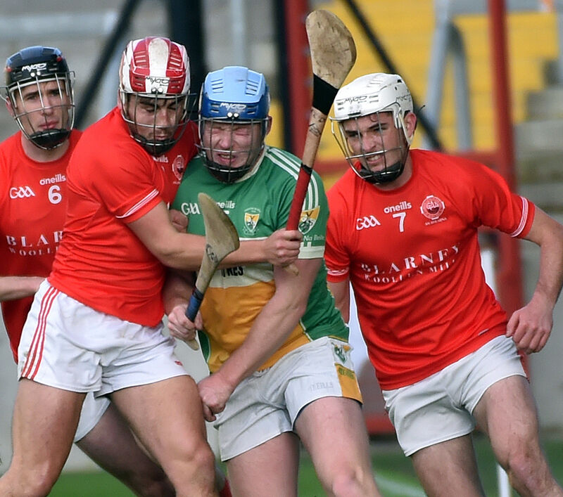 Bride Rovers' DJ Cahill is tackled by Blarney's Patrick Crowley. Picture: Eddie O'Hare Bride Rovers' DJ Cahill is tackled by Blarney's Patrick Crowley. Picture: Eddie O'Hare
