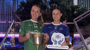 <p>Clare Walsh, vice-captain of Aghada, and Amy McDonagh, captain of Naomh Abán, at the launch of the Cork Credit Unions Senior A ladies football championship final. </p>