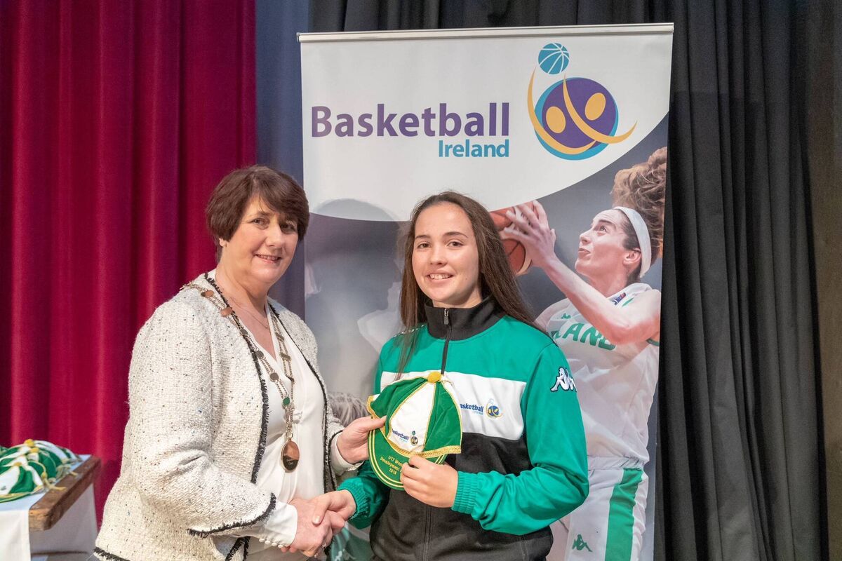 Amy Corkery receives her international cap from former Basketball Ireland President Theresa Walsh in 2018 at the National Basketball Stadium in Dublin. Amy Corkery receives her international cap from former Basketball Ireland President Theresa Walsh in 2018 at the National Basketball Stadium in Dublin.