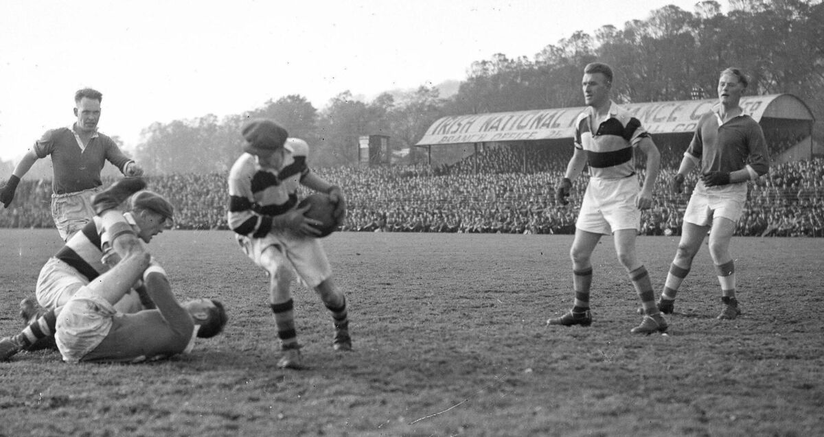 Action from the 1950 Cork Football final between Garda v St Nicks. In what was described as one of the hardest Cork finals ever, Garda won by 3-7 to 2-5 against a Nick's team that included Christy Ring and Jack Lynch.